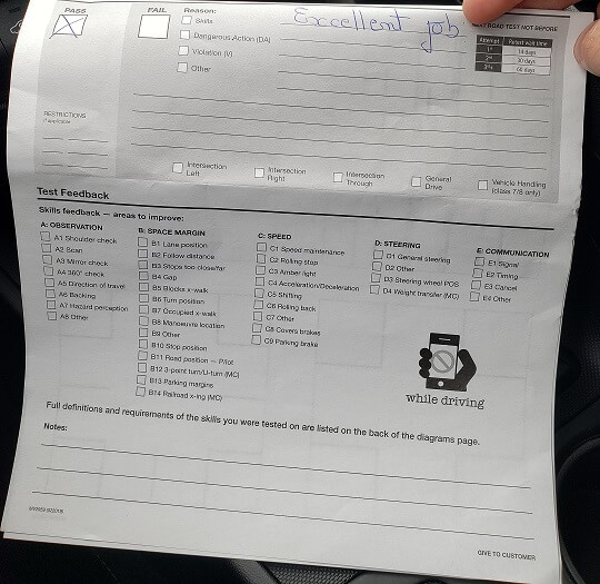Road test success example from Zula Driving School