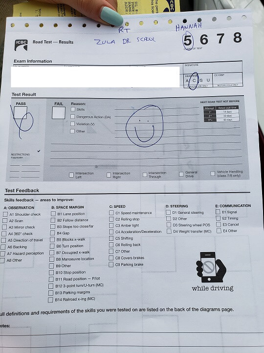 Successful ICBC road test result connected to North Vancouver driving lessons