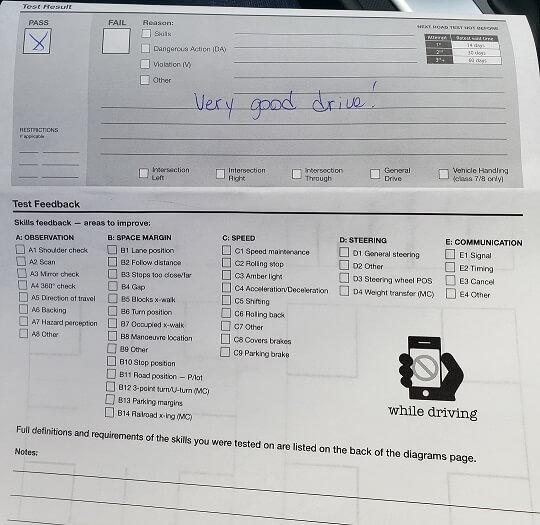 Student road test success after driving lessons with Zula Driving School in North Vancouver