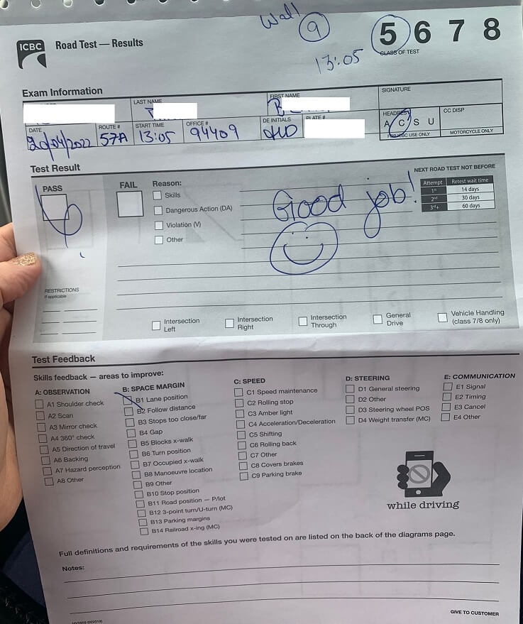Road test proof image from Zula Driving School in North Vancouver